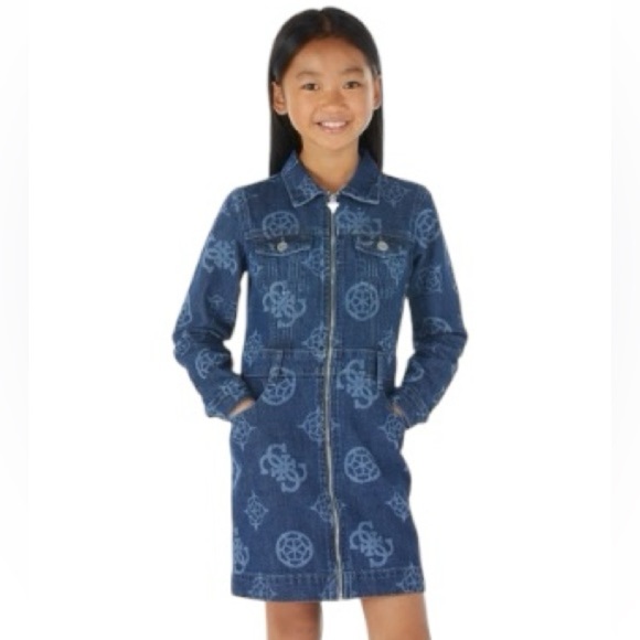 GUESS Big Girls All Over Laser Print Denim Zip Up Long Sleeve Dress Size 12 - Picture 1 of 9